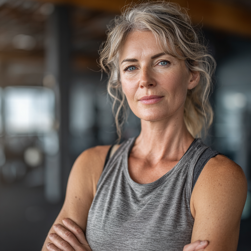 Confident middle-aged woman in her late 40s wearing athletic wear, standing in a modern gym setting with natural lighting, displaying a healthy and active lifestyle approach to fitness