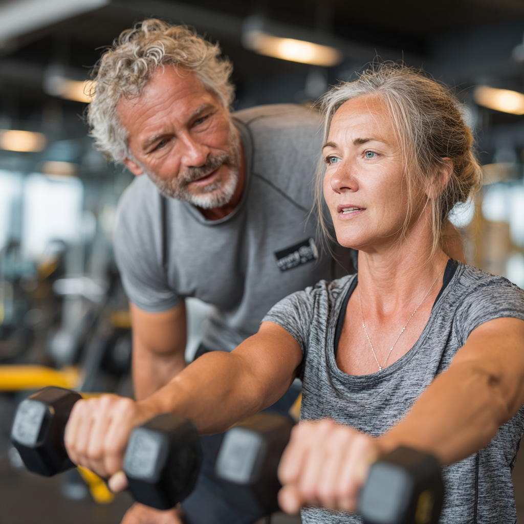 Professional fitness trainer in his early 50s demonstrating exercise form to a mature female client in her mid-40s in a bright, modern wellness center environment